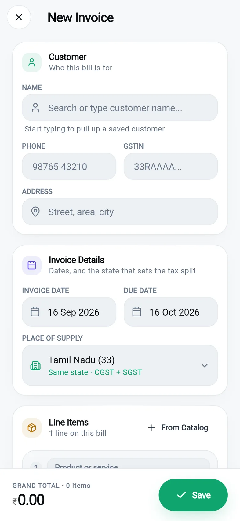 The new invoice screen in BillZap, showing the customer, dates and place of supply with the CGST and SGST split