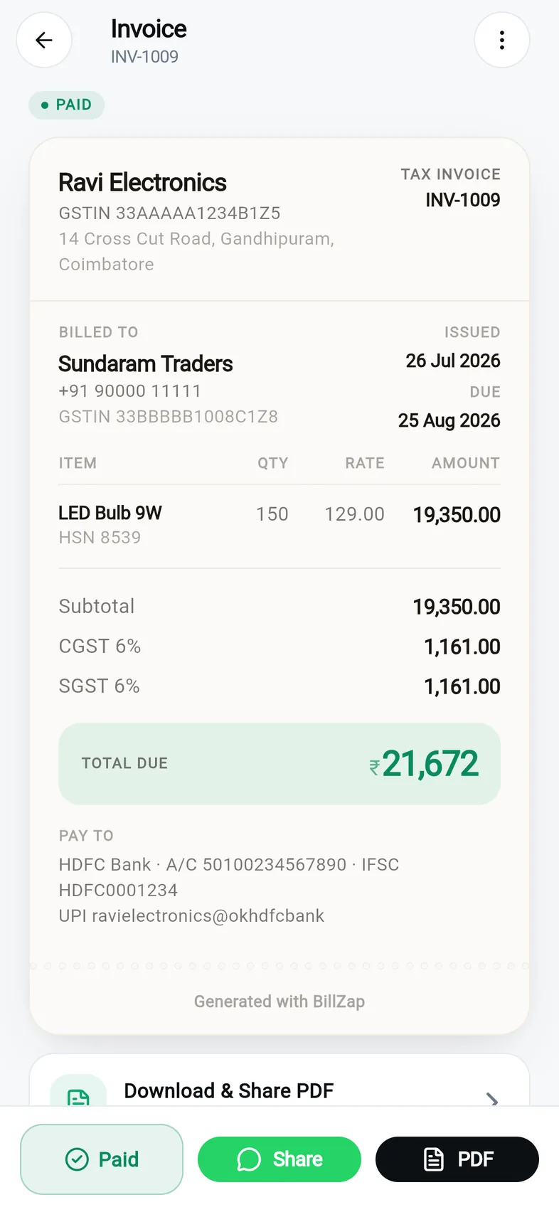 A BillZap tax invoice showing line items with HSN codes, CGST and SGST at 6% each, and a total due of ₹21,672
