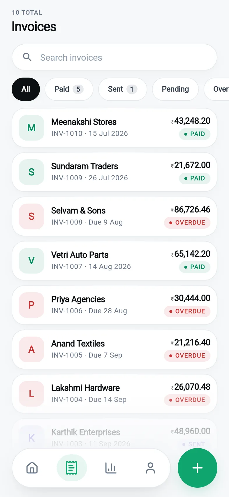 The BillZap invoice list with paid, sent and overdue bills, each showing the customer name and amount